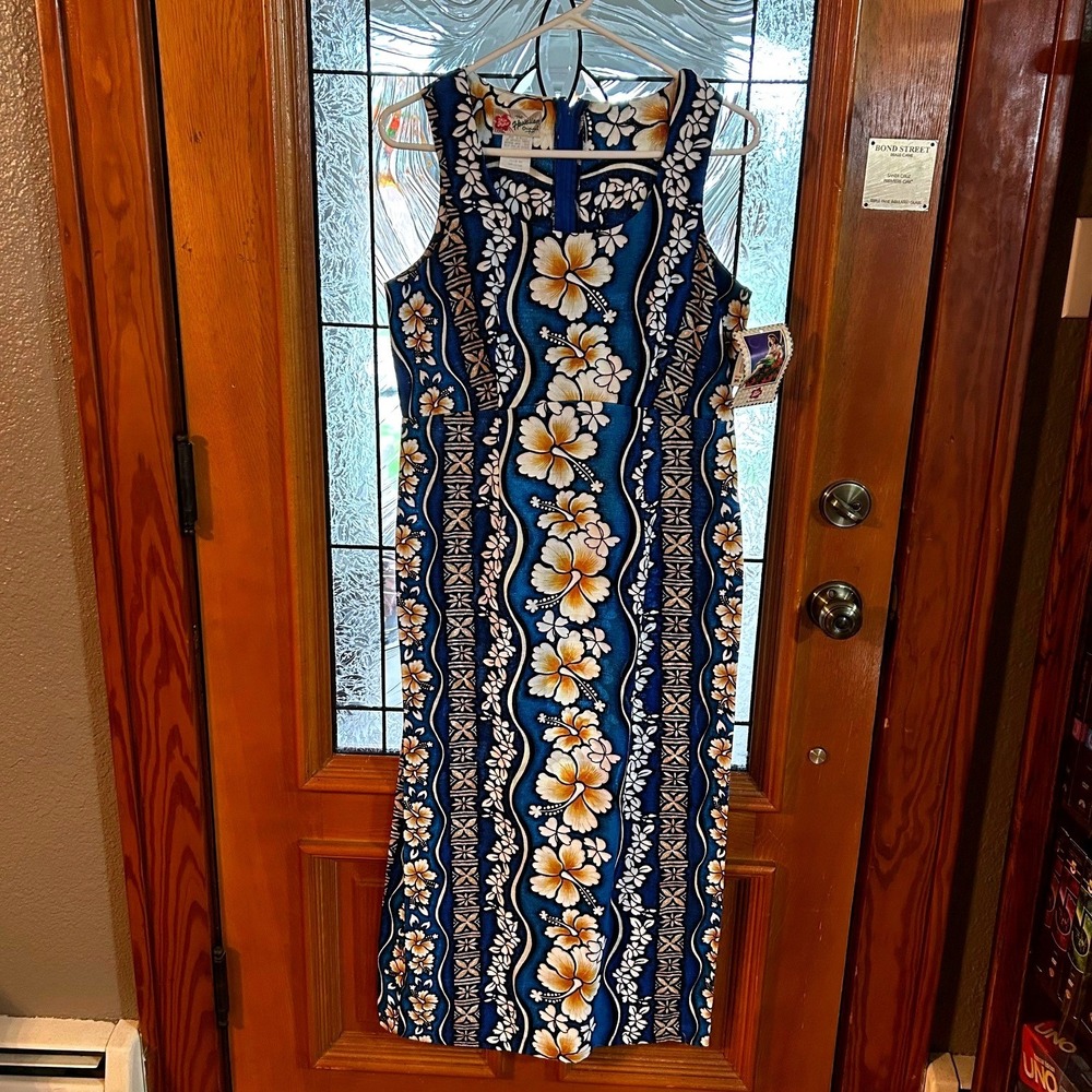 Hilo Hattie Blue Hibiscus Floral Hawaiian Maxi Dress Sleeveless Cotton Size 10